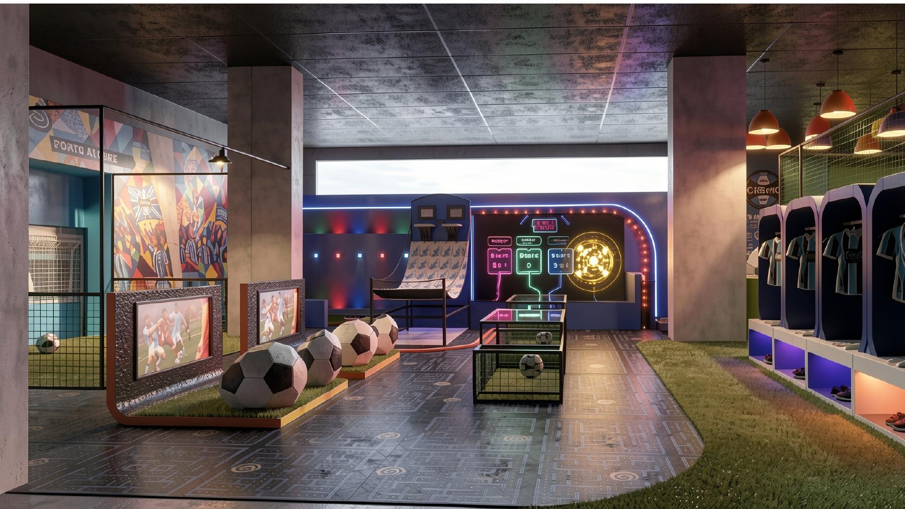 Hub de experiências imersivas Multiball com iluminação neon e jogos digitais